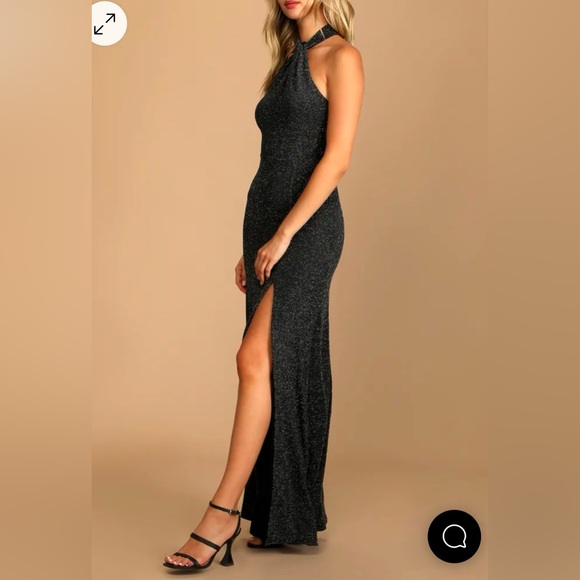 NWT Black Halter Sparkly Gown with Slit - Picture 2 of 3